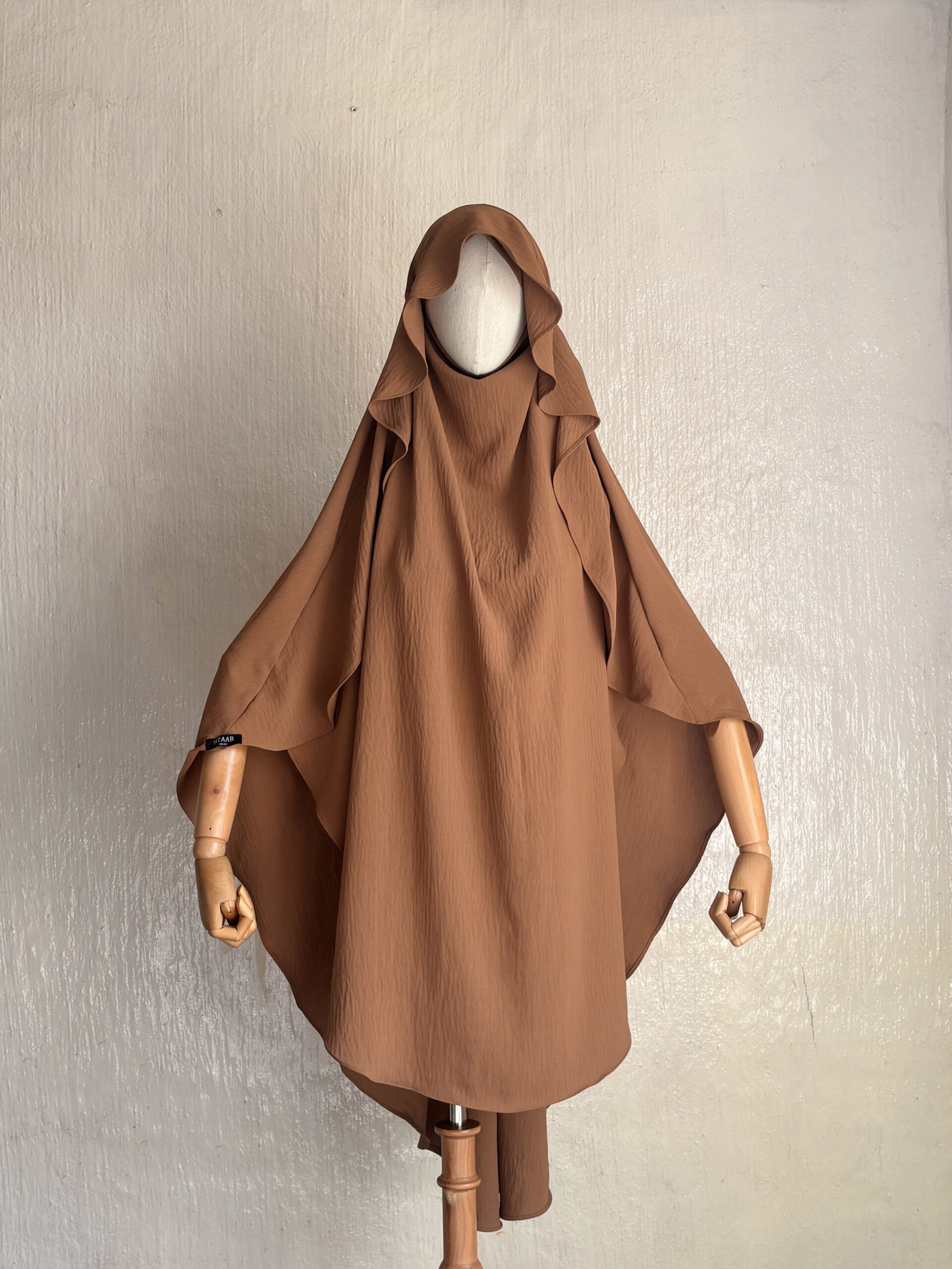 Caramel Brown full-coverage airflow khimar with flowy front cape